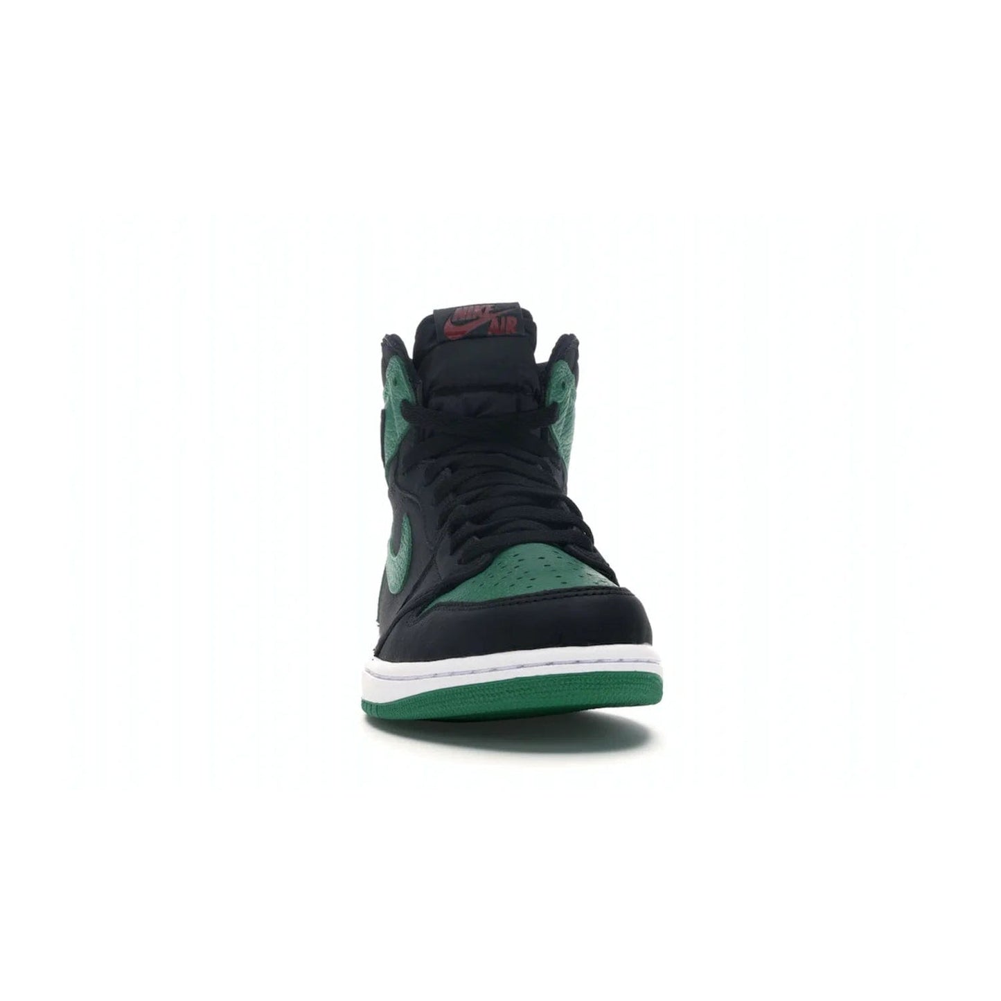 Jordan 1 Retro High Pine Green Black - Image 9 - Only at www.BallersClubKickz.com - Step into fresh style with the Jordan 1 Retro High Pine Green Black. Combining a black tumbled leather upper with green leather overlays, this sneaker features a Gym Red embroidered tongue tag, sail midsole, and pine green outsole for iconic style with a unique twist.