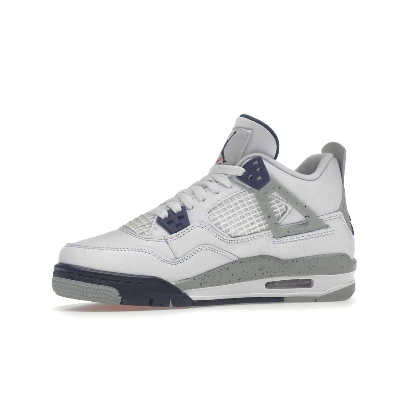 Jordan 4 Retro Midnight Navy (GS) - Image 17 - Only at www.BallersClubKickz.com - Shop the Air Jordan 4 Retro Midnight Navy GS. The white leather upper features black support wings & heel tab, navy eyelets & woven tongue tag with Jumpman logos. The midsole features two-tone polyurethane insole & AIR units in the heel & forefoot. Get the white/midnight navy/light smoke grey/fire colorway & show off your style.