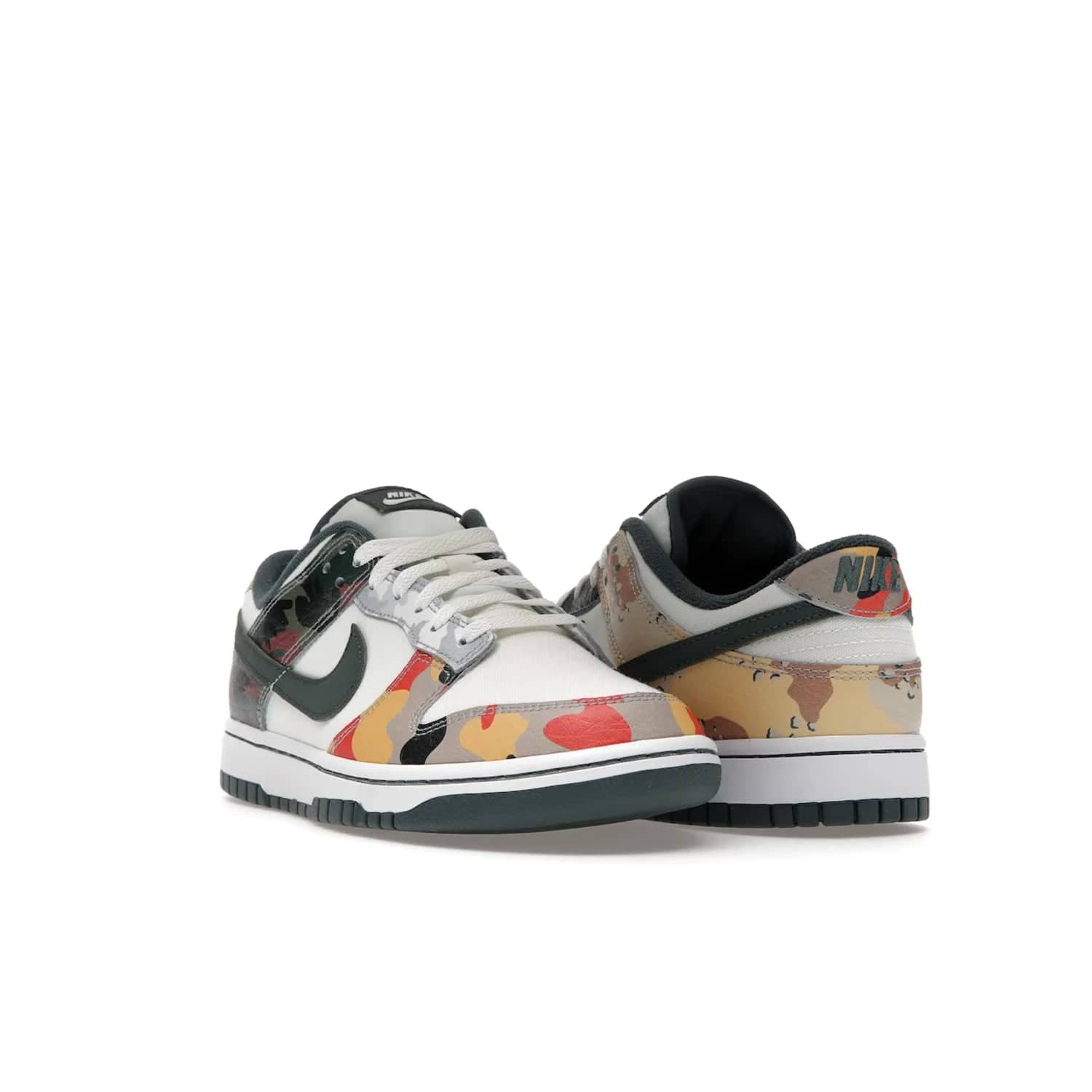 Nike Dunk Low SE Sail Multi-Camo - Image 7 - Only at www.BallersClubKickz.com - Classic design meets statement style in the Nike Dunk Low SE Sail Multi-Camo. White leather base with multi-color camo overlays, vibrant Nike Swooshes, and orange Nike embroidery. Get yours August 2021.